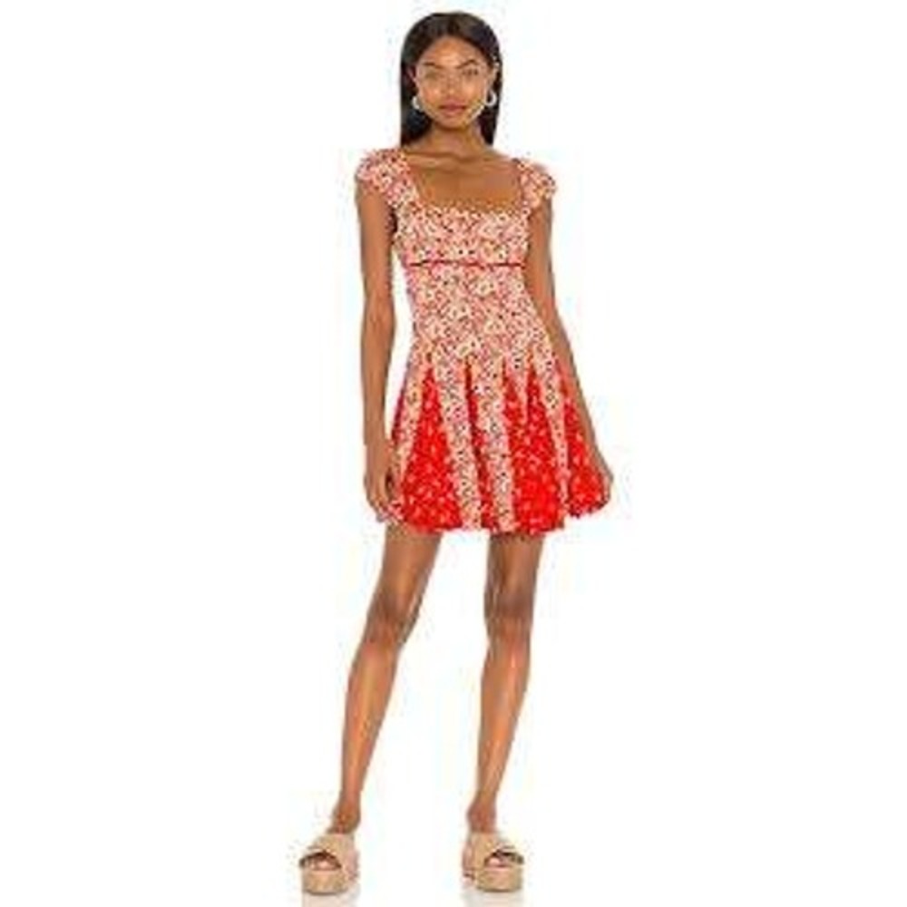 Free People Ponderosa Mini Dress Womens S Red Floral Open Back Boho Cottagecore